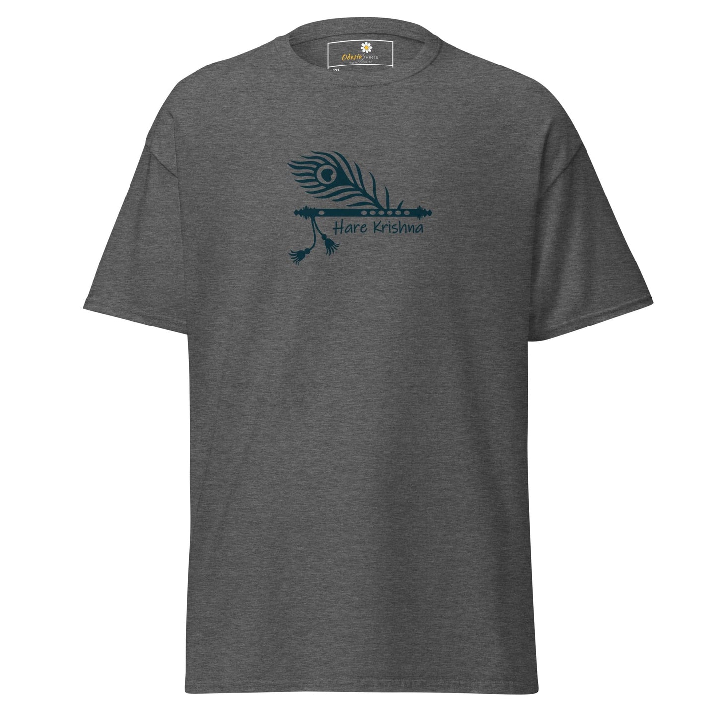 Gray t-shirt featuring a peacock feather and flute design for men and women in 2XL-5XL sizes