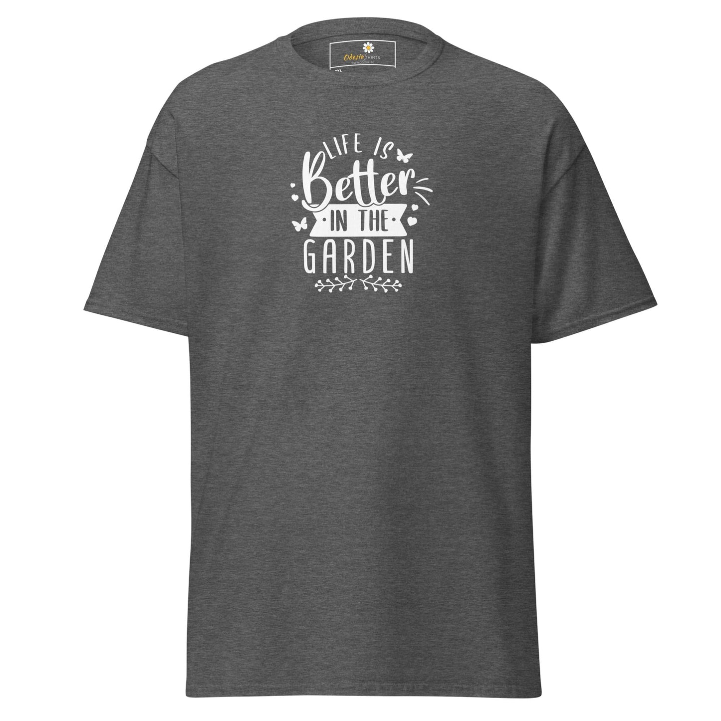 Gray t-shirt with garden-themed text.