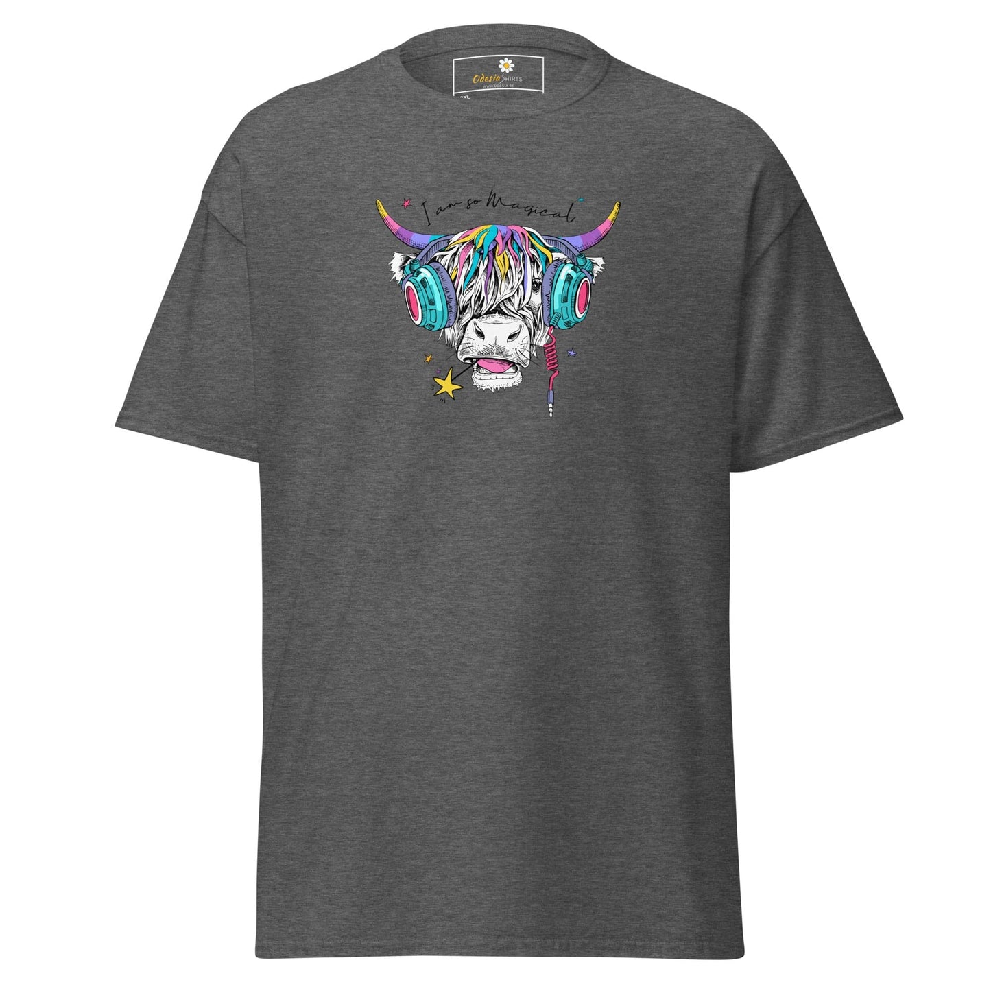 Gray t-shirt with colorful cow graphic.