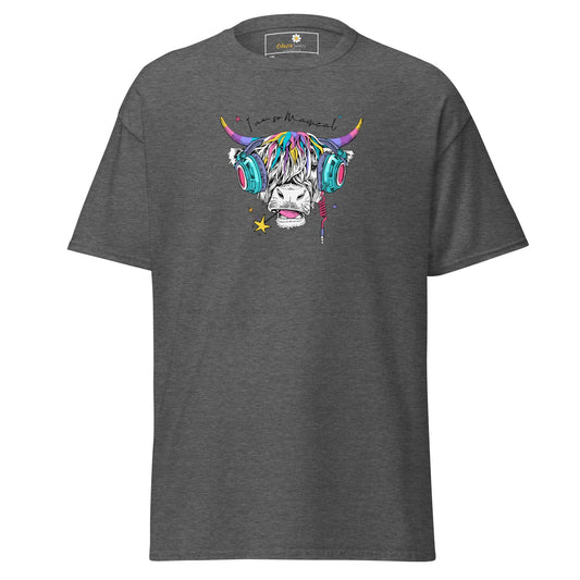 Gray t-shirt with colorful cow graphic.