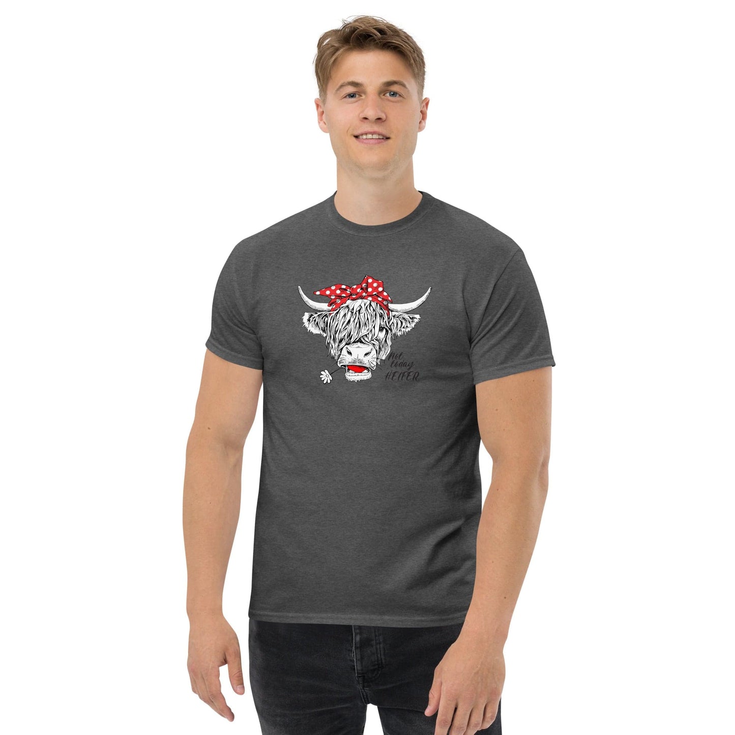Gray t-shirt with cow graphic.
