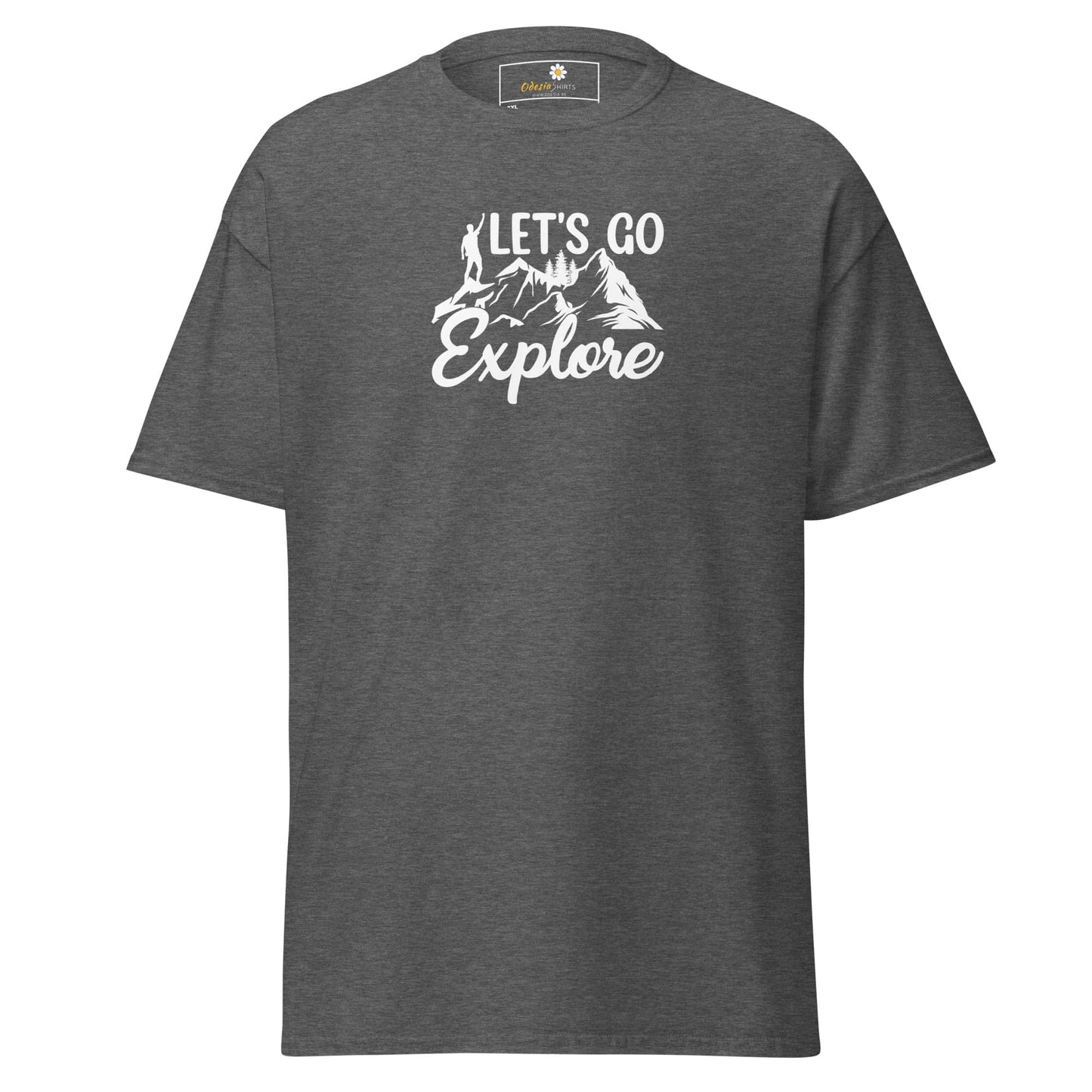 Gray T-shirt with Lets Go Explore graphic for men and women in size 2XL to 5XL