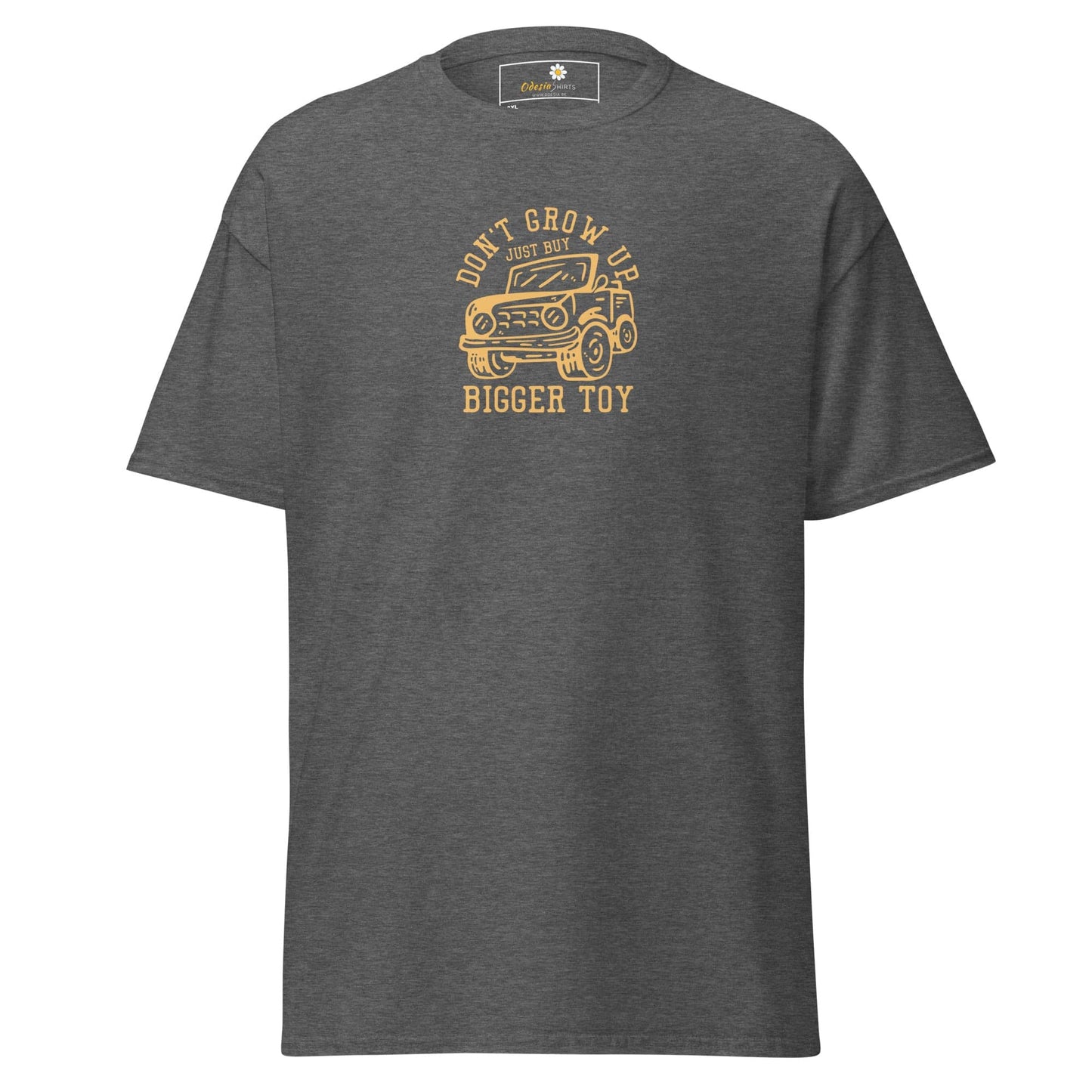 Gray t-shirt with a car graphic.
