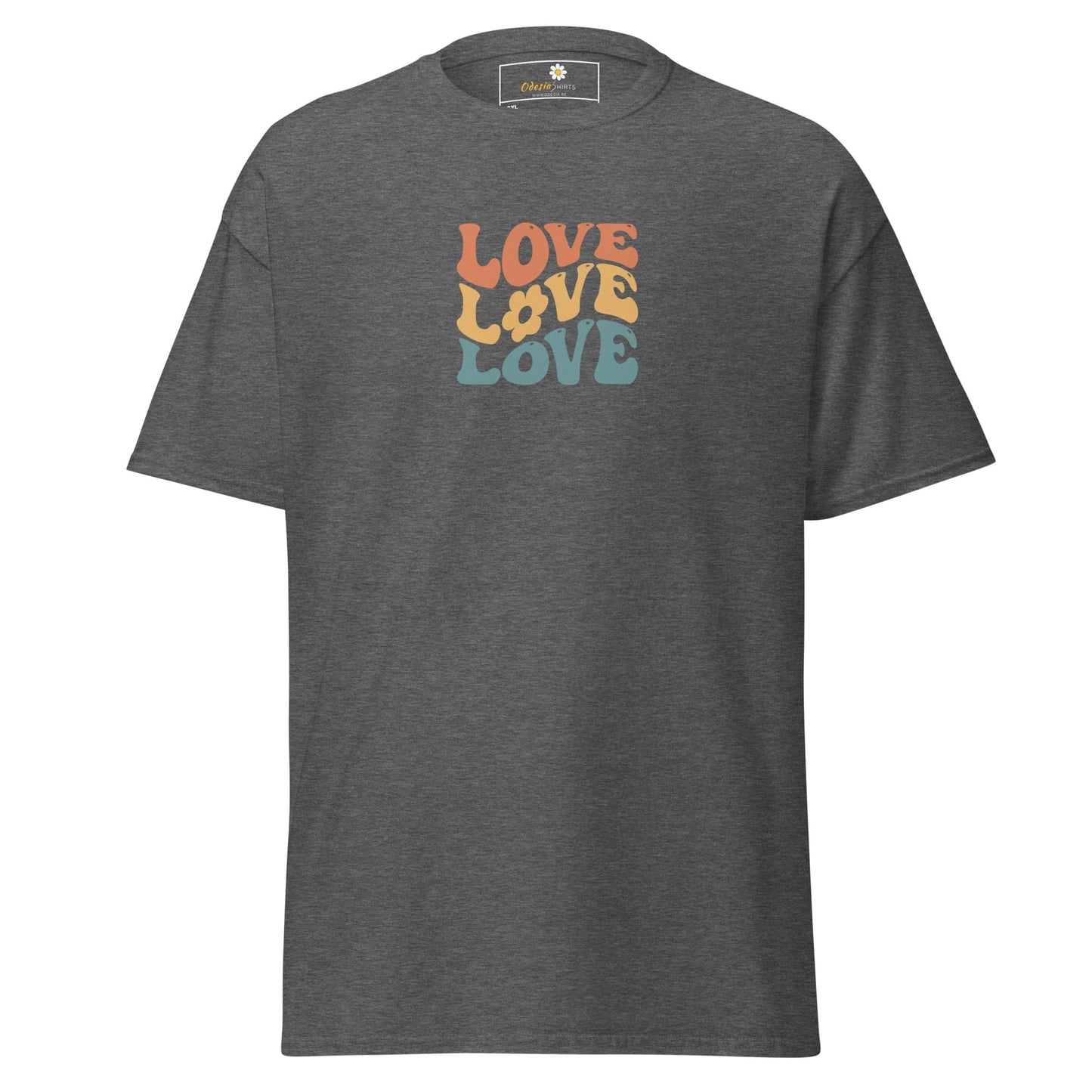 Gray t-shirt with ’love’ graphic.