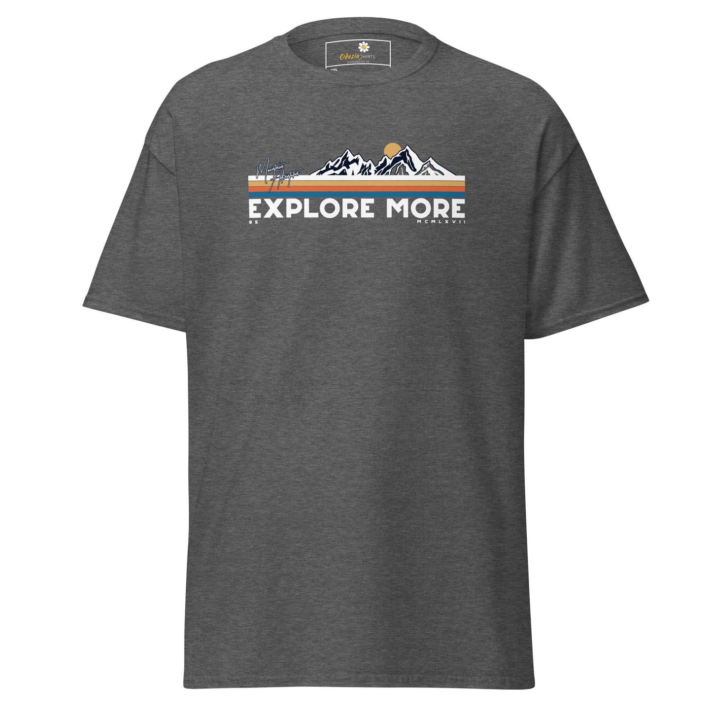 Gray t-shirt with mountain graphic.
