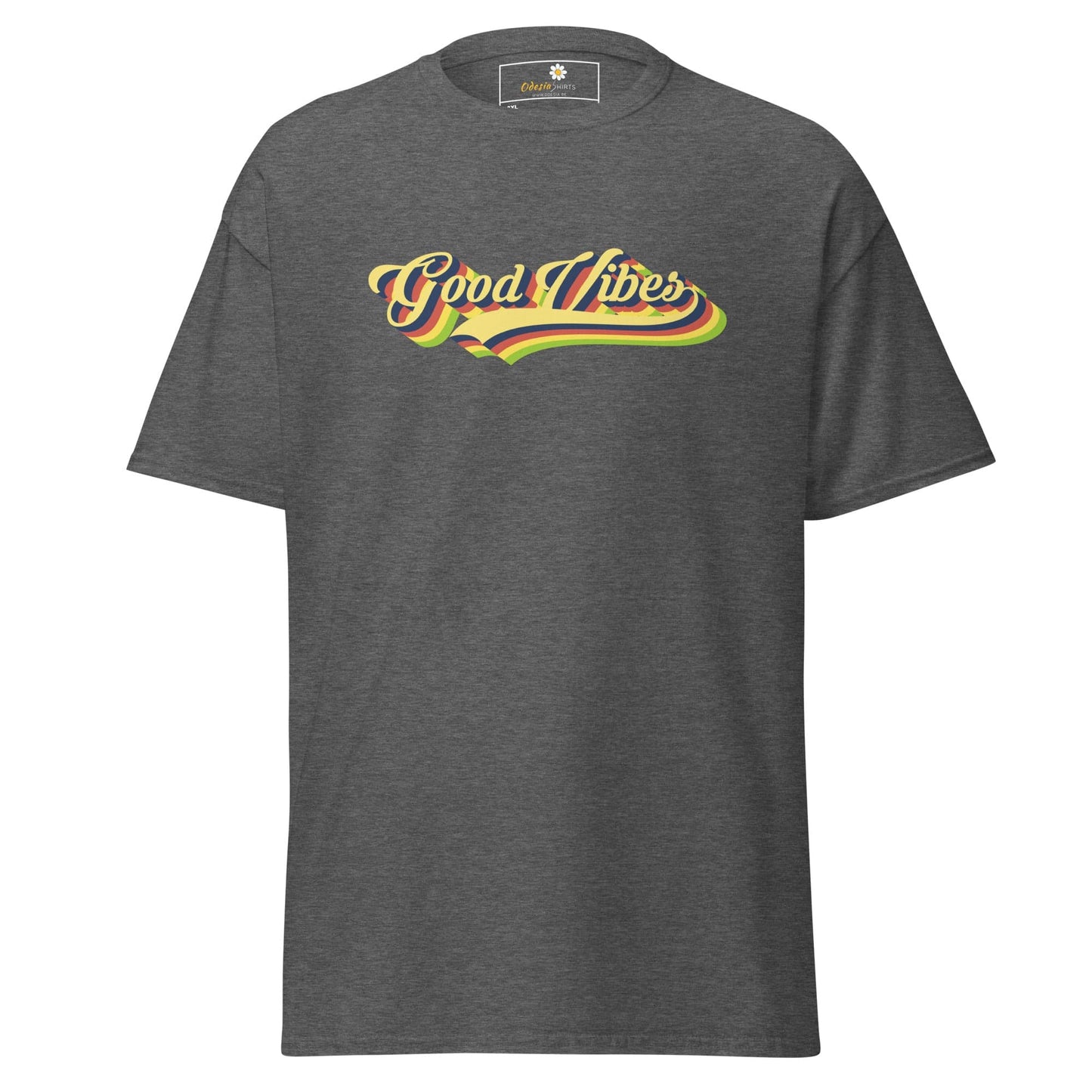 Gray t-shirt with ’Good Vibes’ graphic.