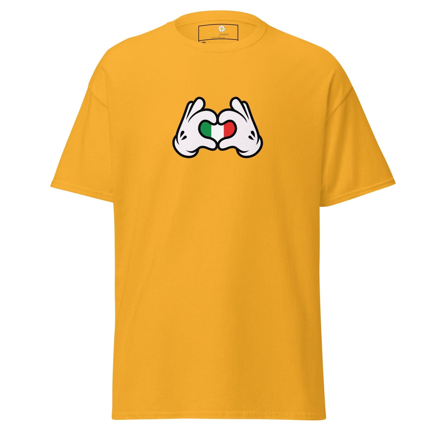 Yellow t-shirt with heart-shaped hands.