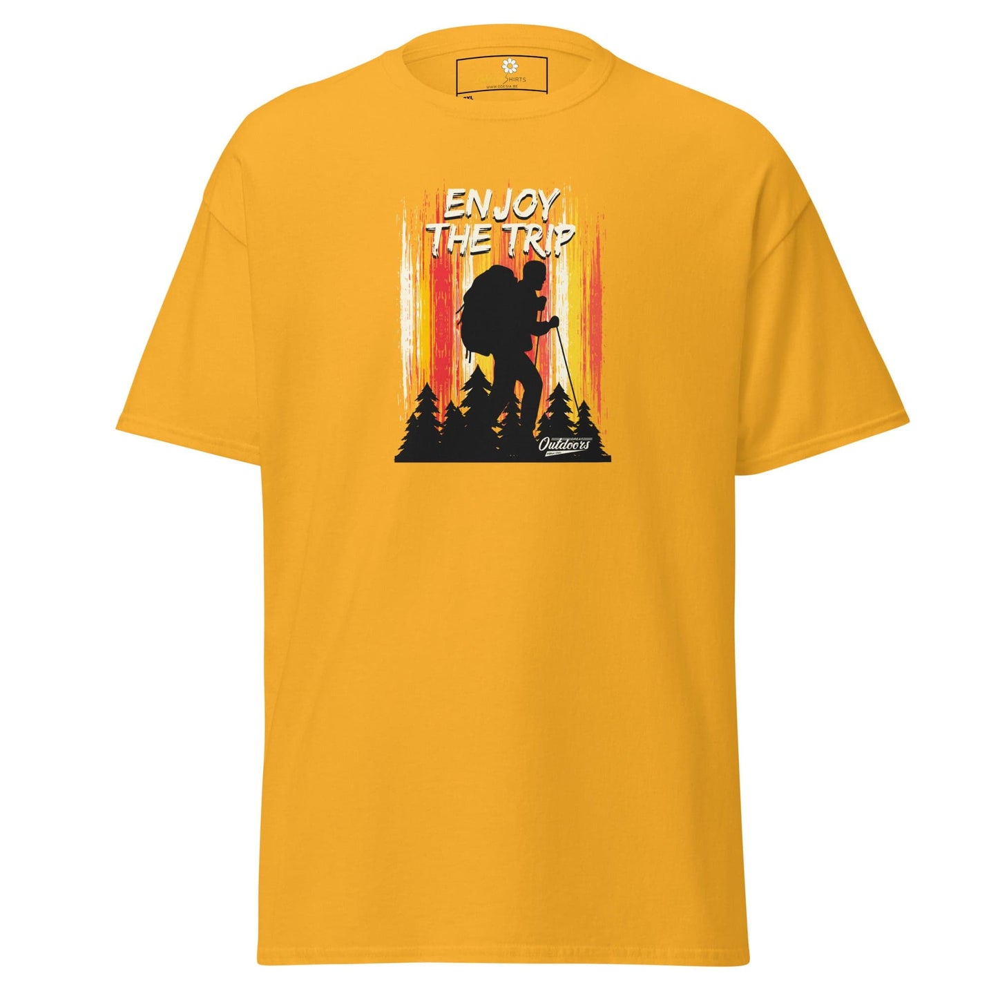 Gold-colored t-shirt with hiker graphic.