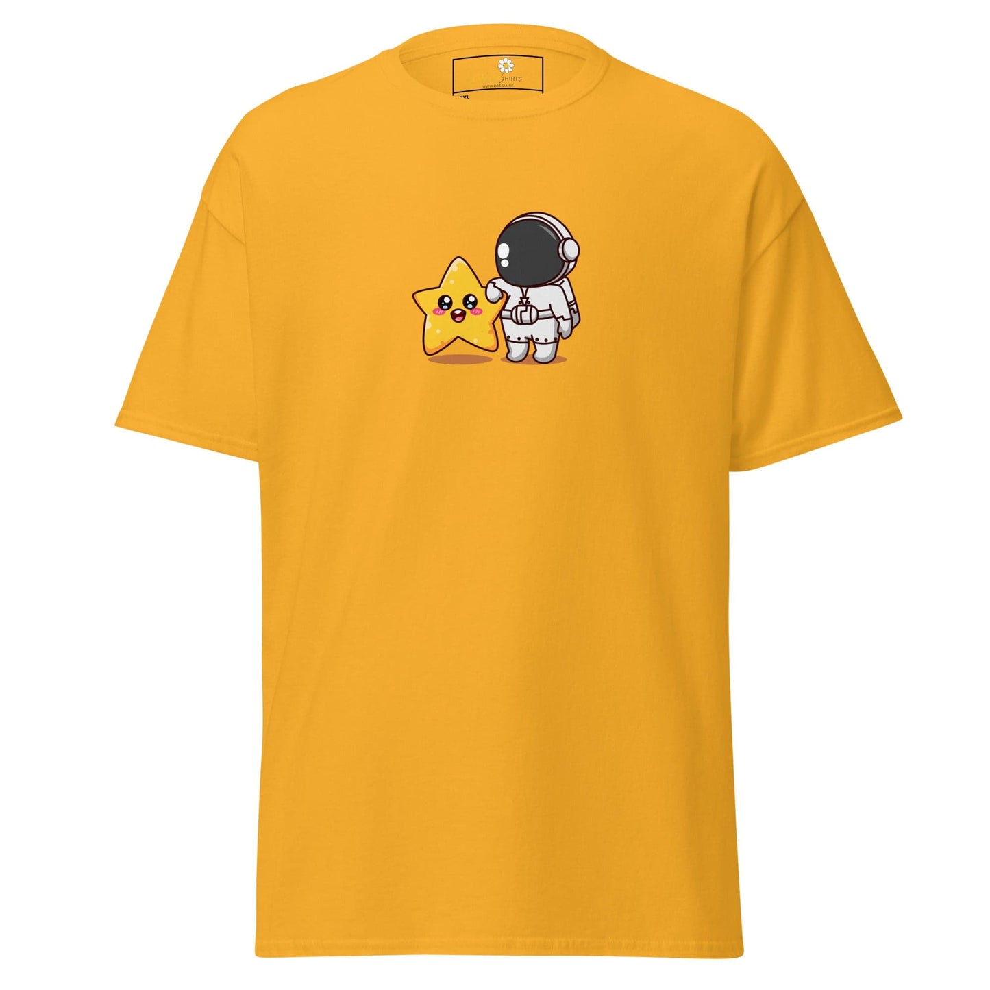 Yellow t-shirt with cartoon astronaut and star.