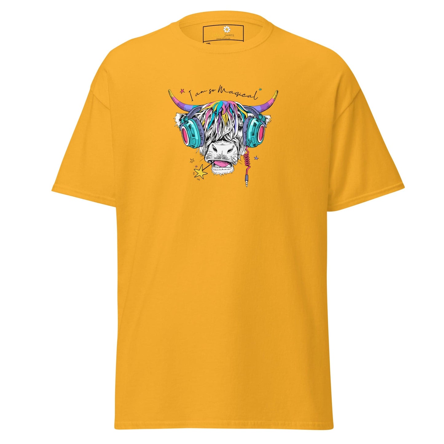 Yellow t-shirt with a cow wearing headphones.