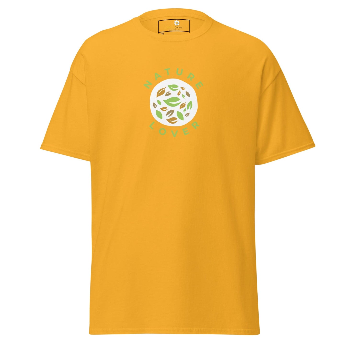 Yellow t-shirt with circular leaf design.