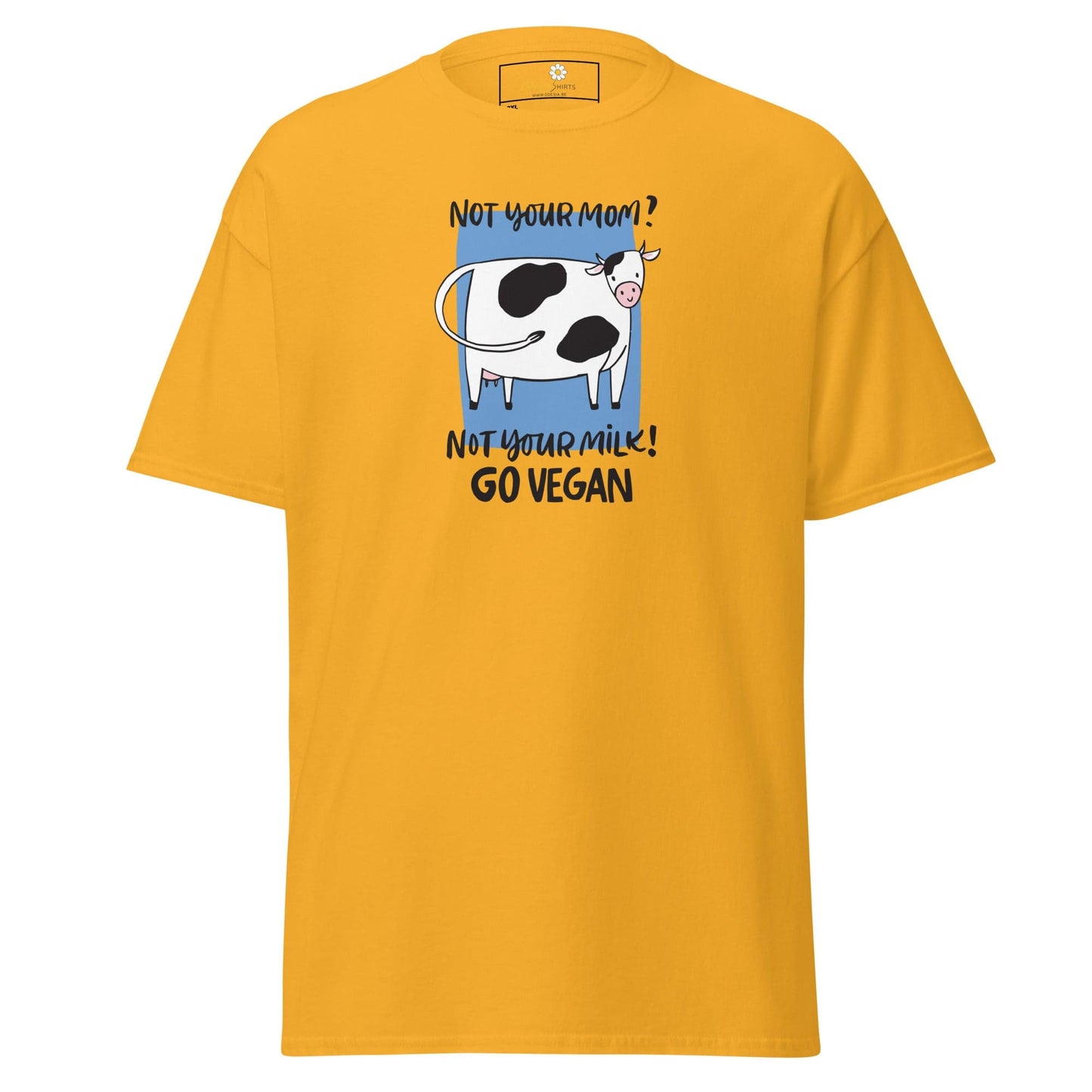 Yellow t-shirt with cow graphic.