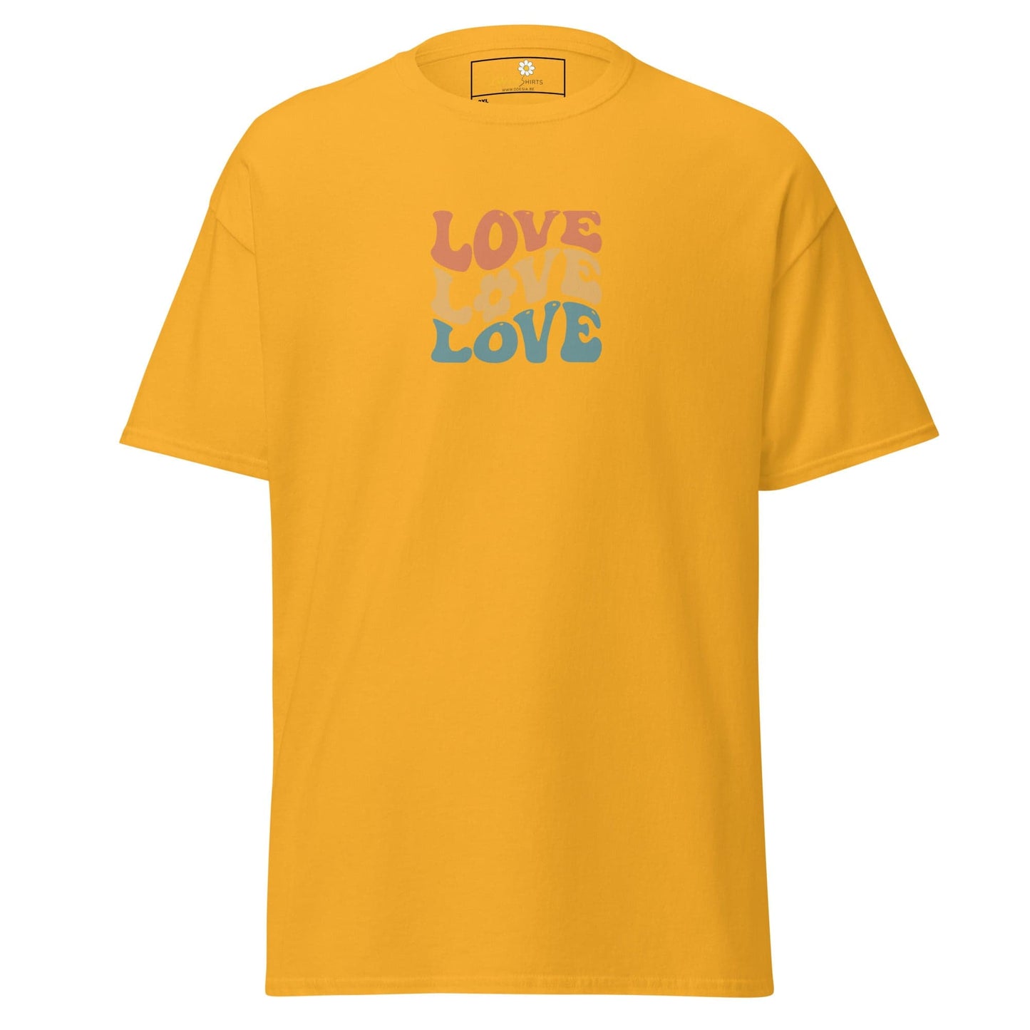 Yellow t-shirt with ’love’ text.