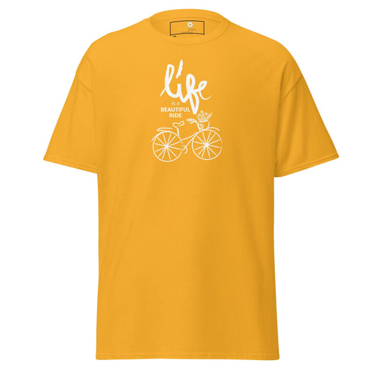 Yellow T-shirt with bicycle graphic from T-Shirt Design Tee Men Women including 2XL to 5XL