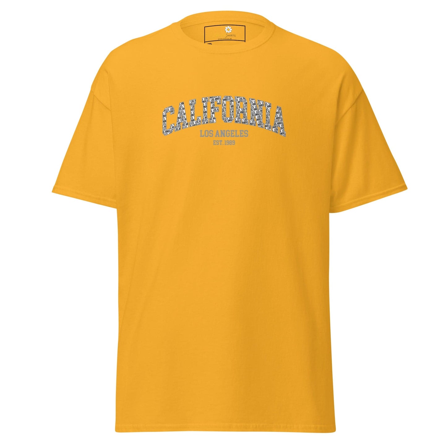 Yellow t-shirt with ’California’ and ’Los Angeles’ text.