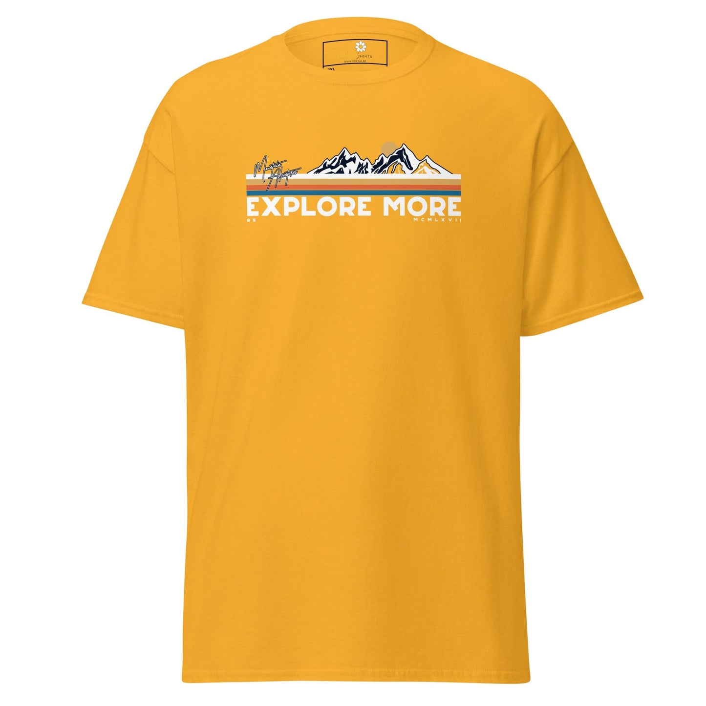 Yellow t-shirt with mountain graphic.