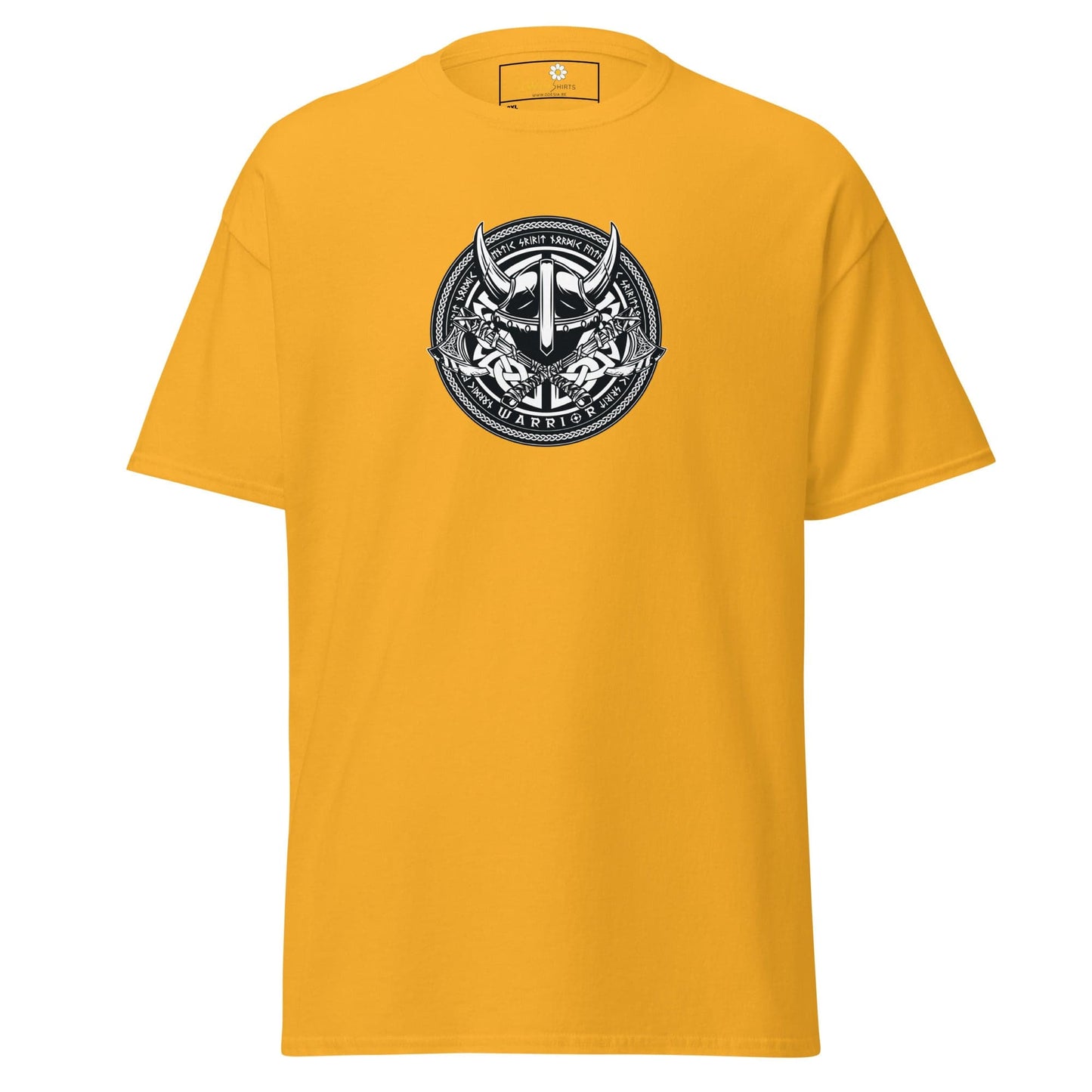 Yellow t-shirt with Viking graphic.