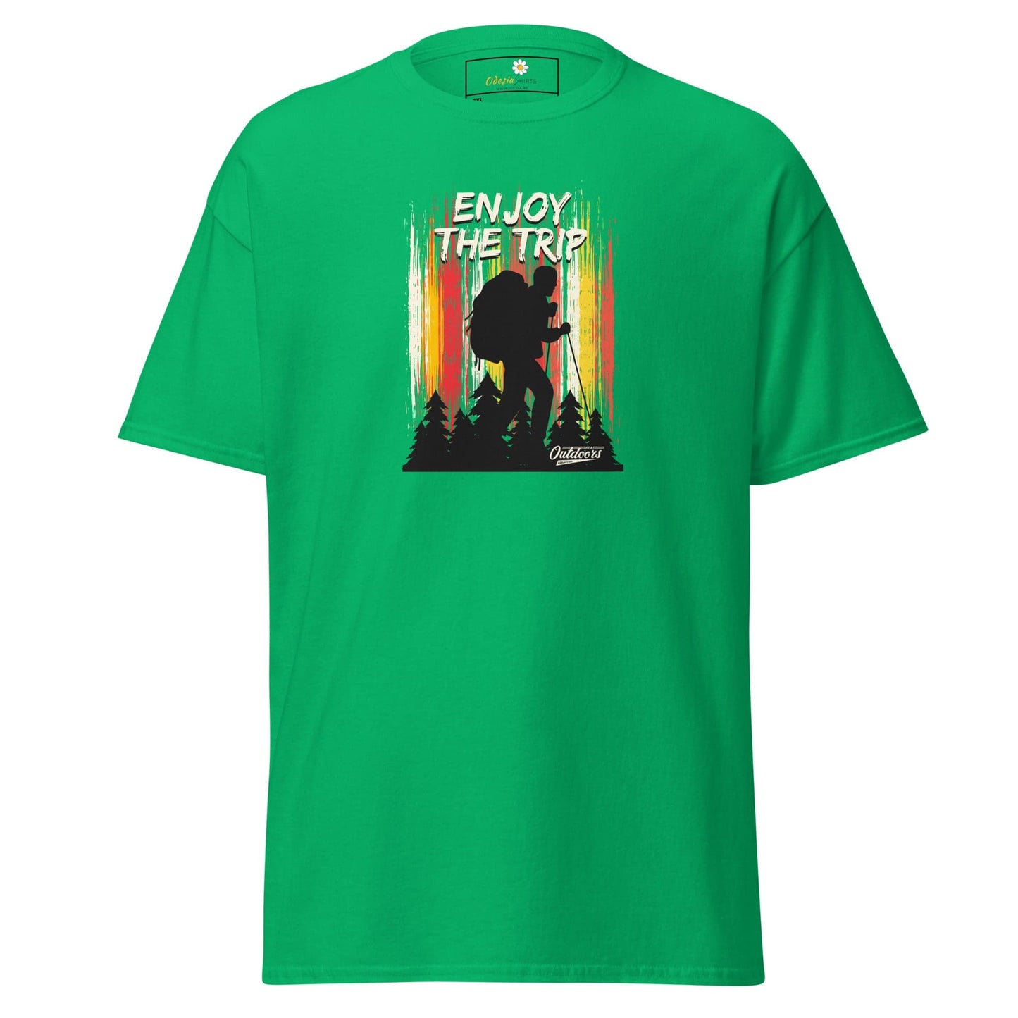 Green t-shirt with hiker graphic.