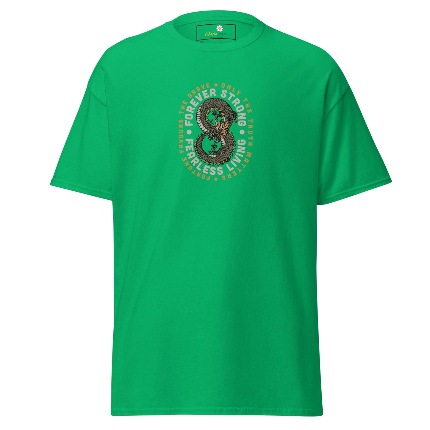 Green t-shirt with snake graphic.