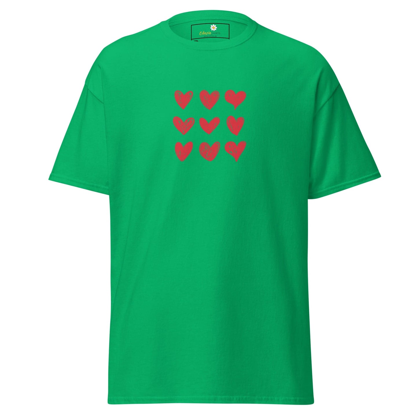 Green t-shirt with red hearts.