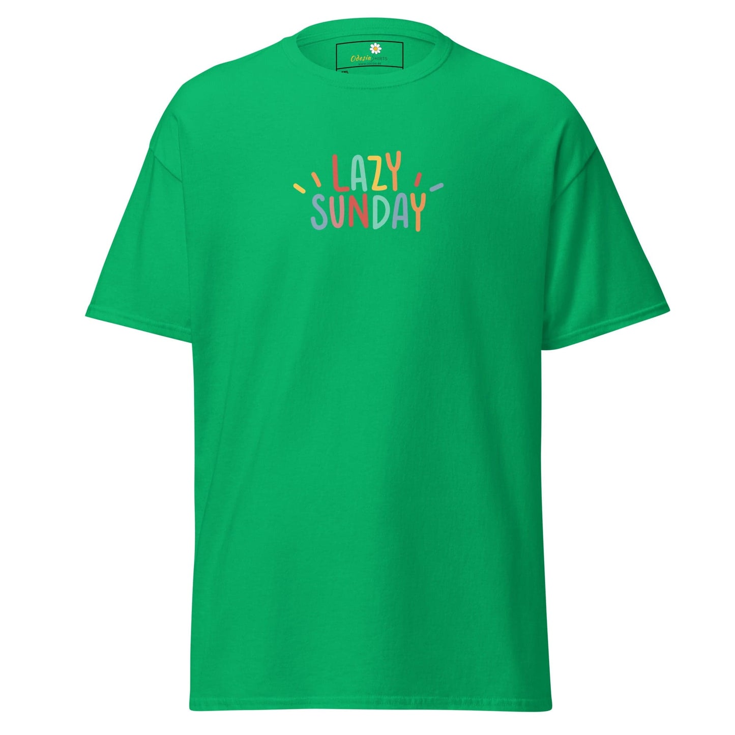 Green t-shirt with ’Lazy Sunday’ text.