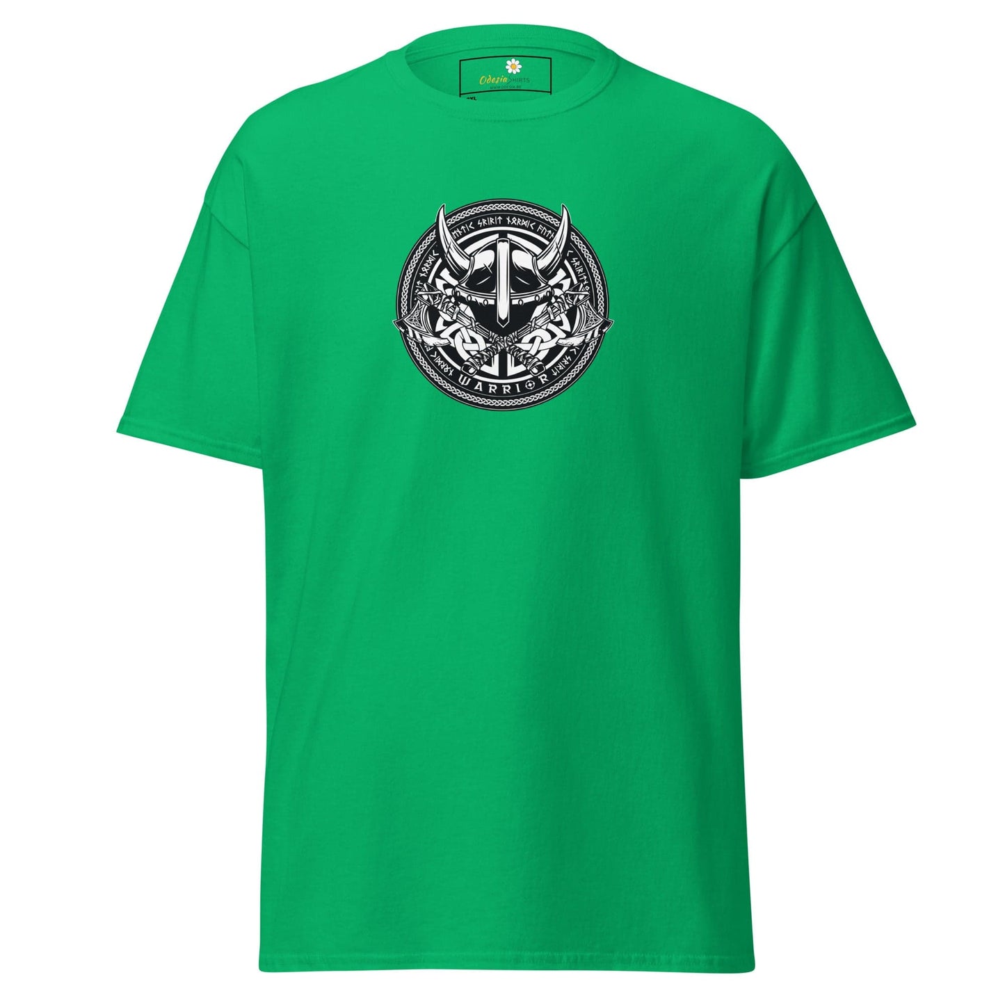 Green t-shirt with a Viking helmet design.