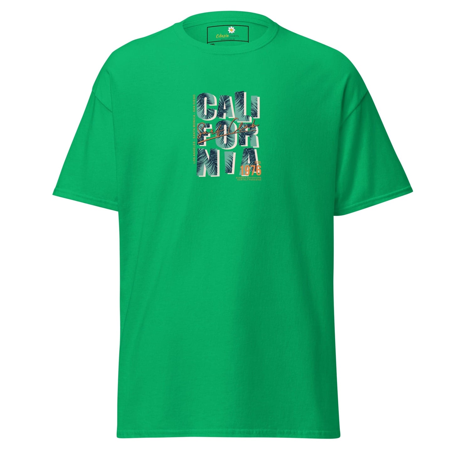 Green t-shirt with ’California’ graphic.