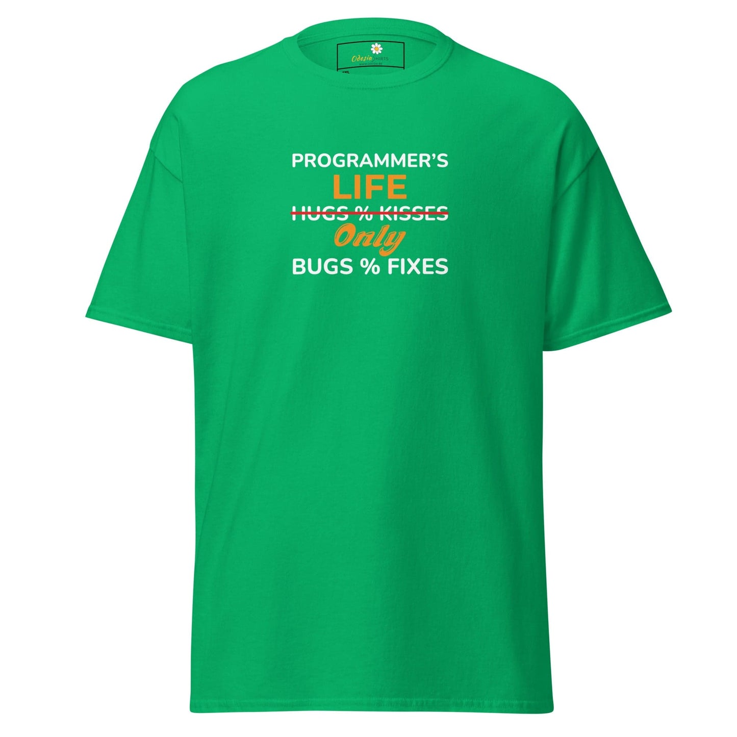 Green t-shirt with programmer’s life slogan.
