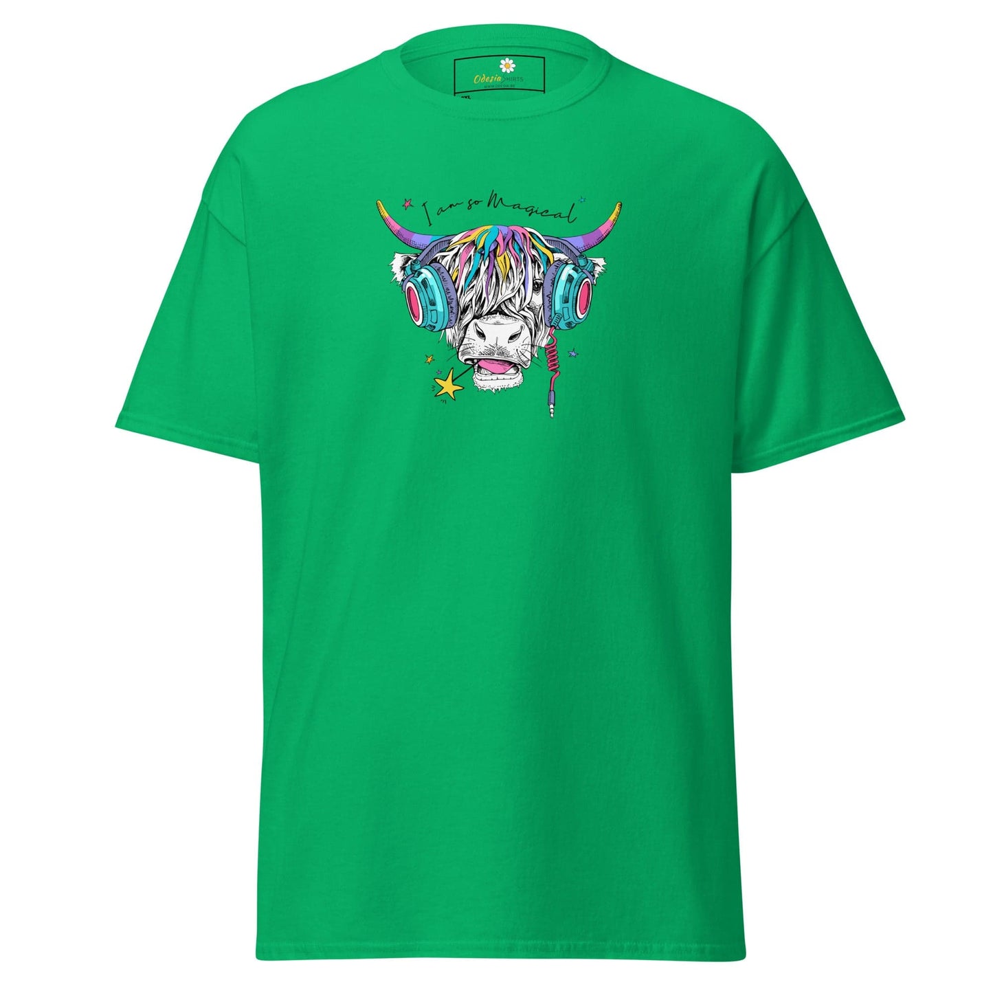 Green t-shirt with cow graphic.