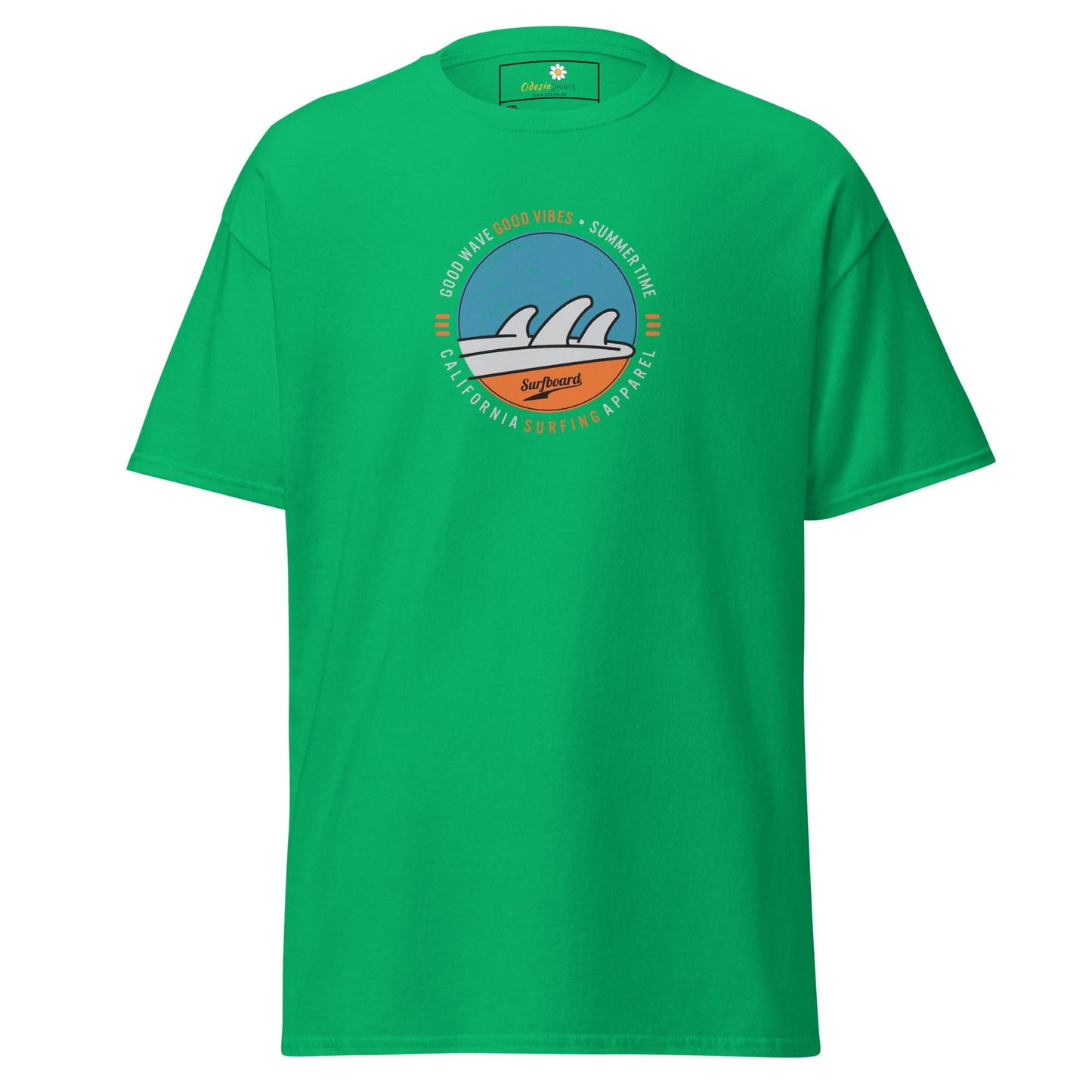 Green t-shirt with a circular wave design.