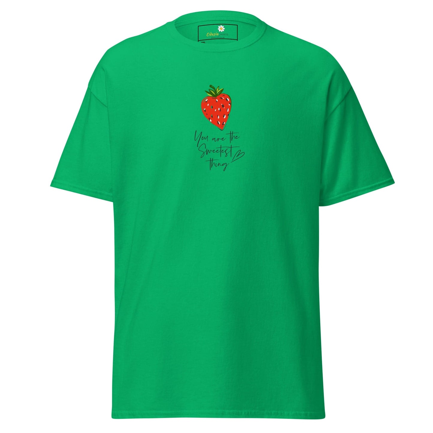 Green t-shirt with strawberry design.