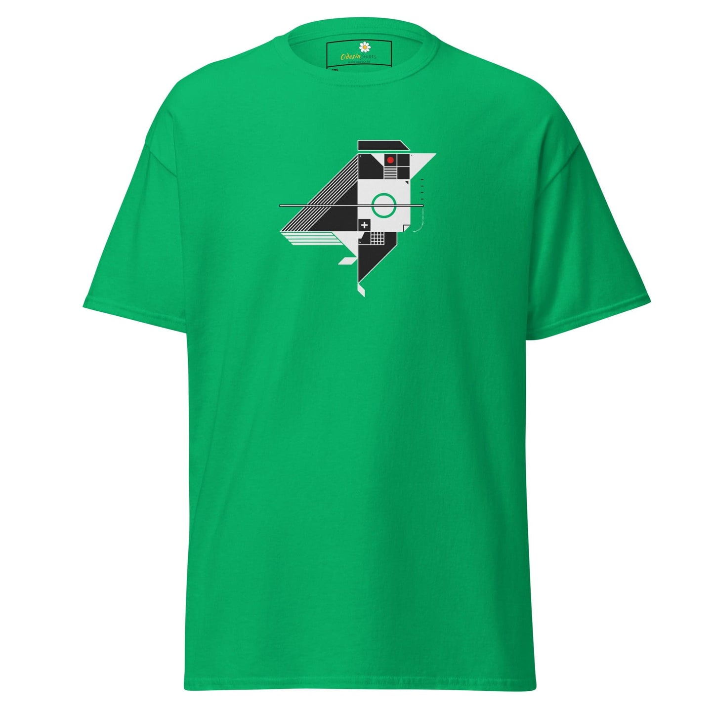 Green t-shirt with geometric bird design.