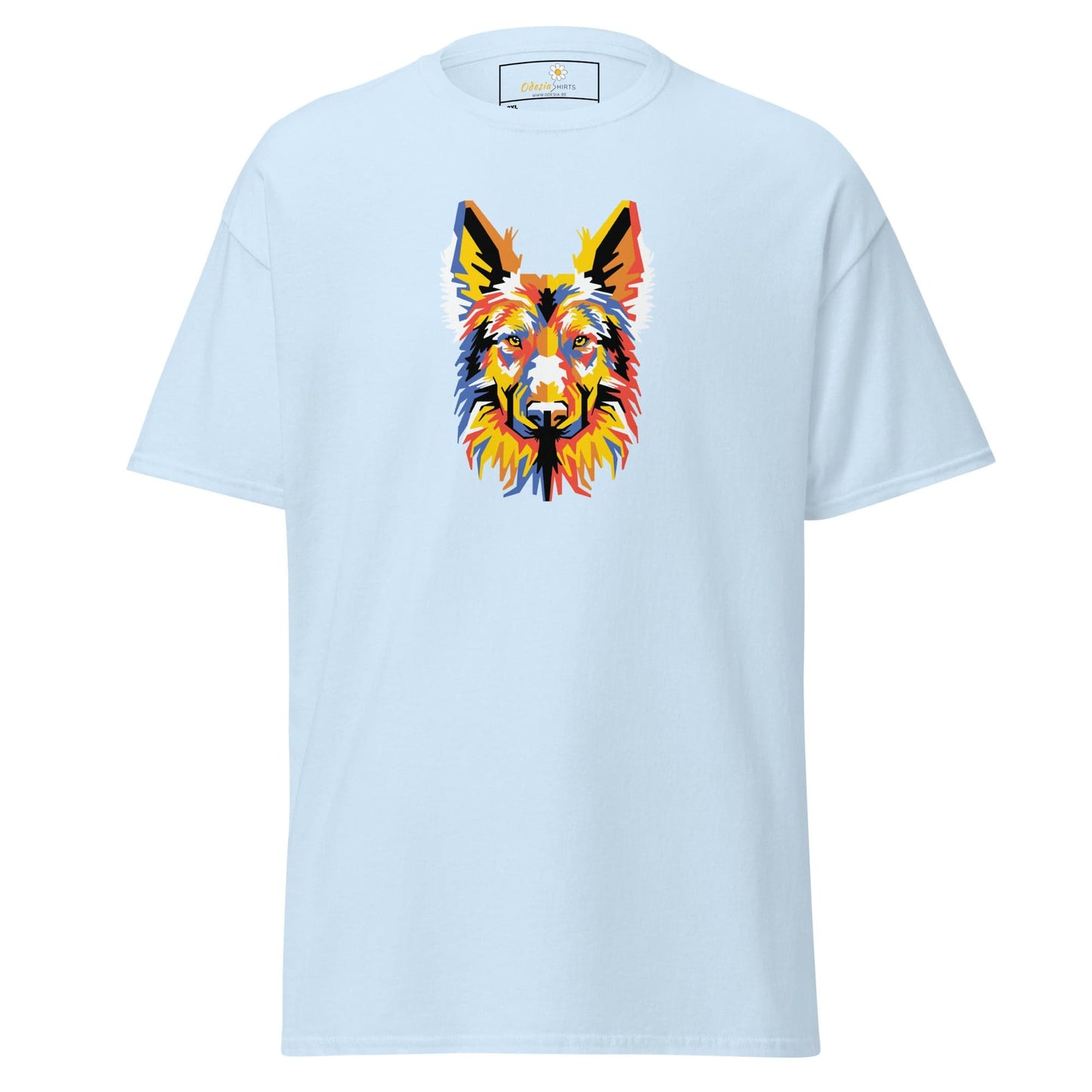 Light blue T-shirt with colorful dog graphic from T-SHIRT DESIGN TEE for men and women