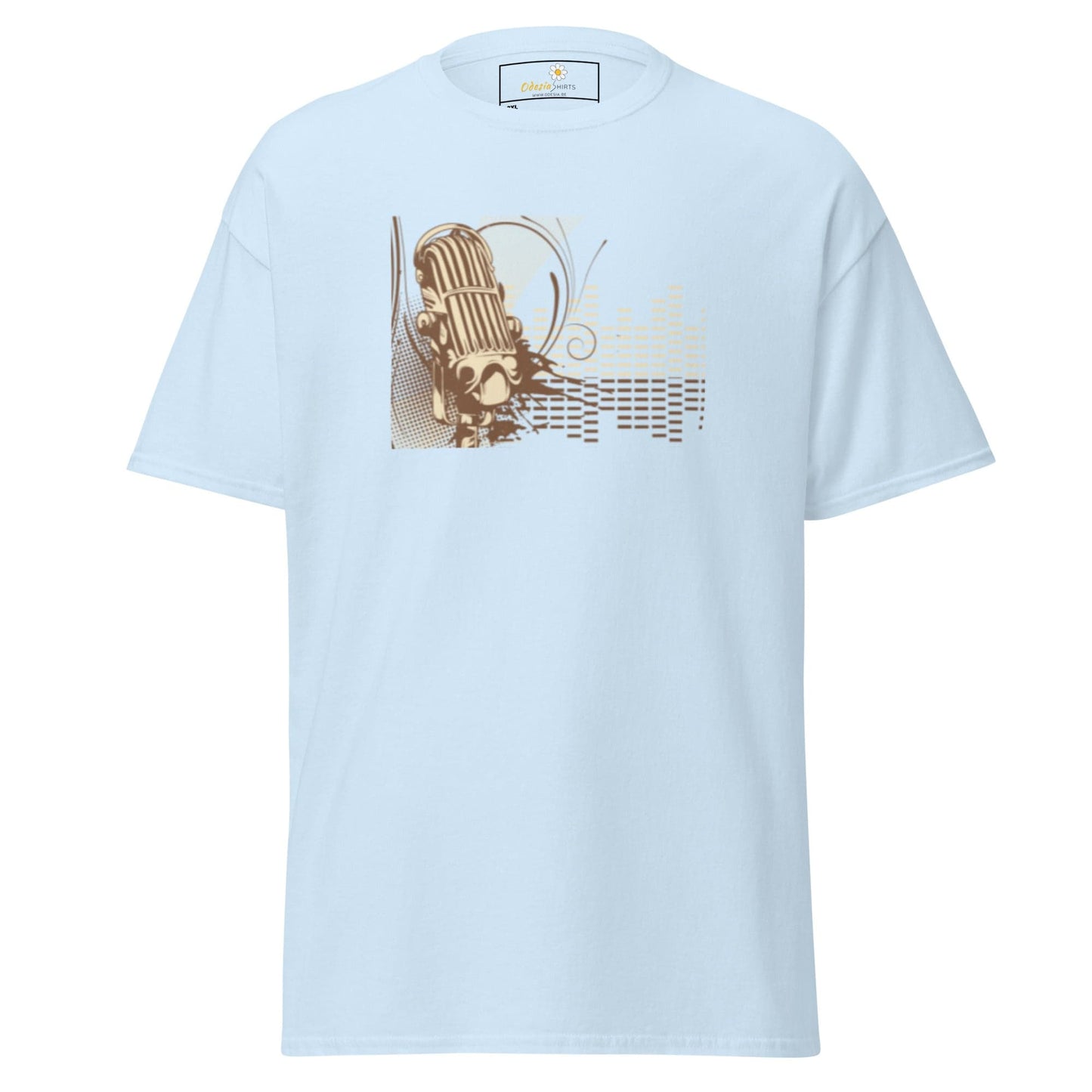 Light blue T-shirt with microphone graphic for men and women in sizes 2XL to 5XL