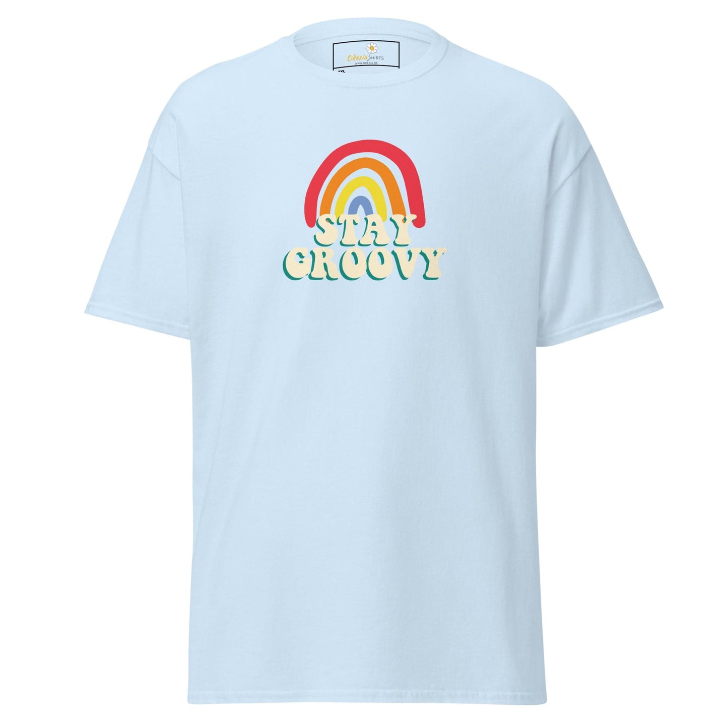 Light blue t-shirt with rainbow graphic.