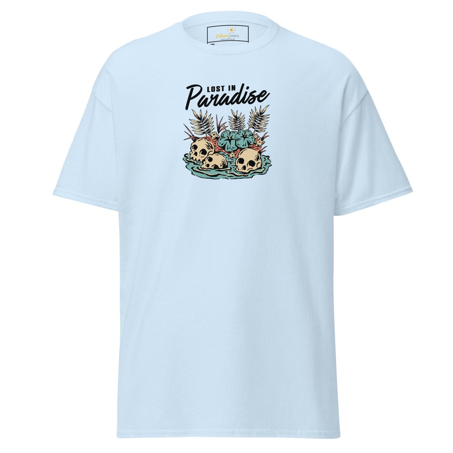 Light blue T-shirt with skull and tropical plant graphic for men and women, sizes 2XL to 5XL