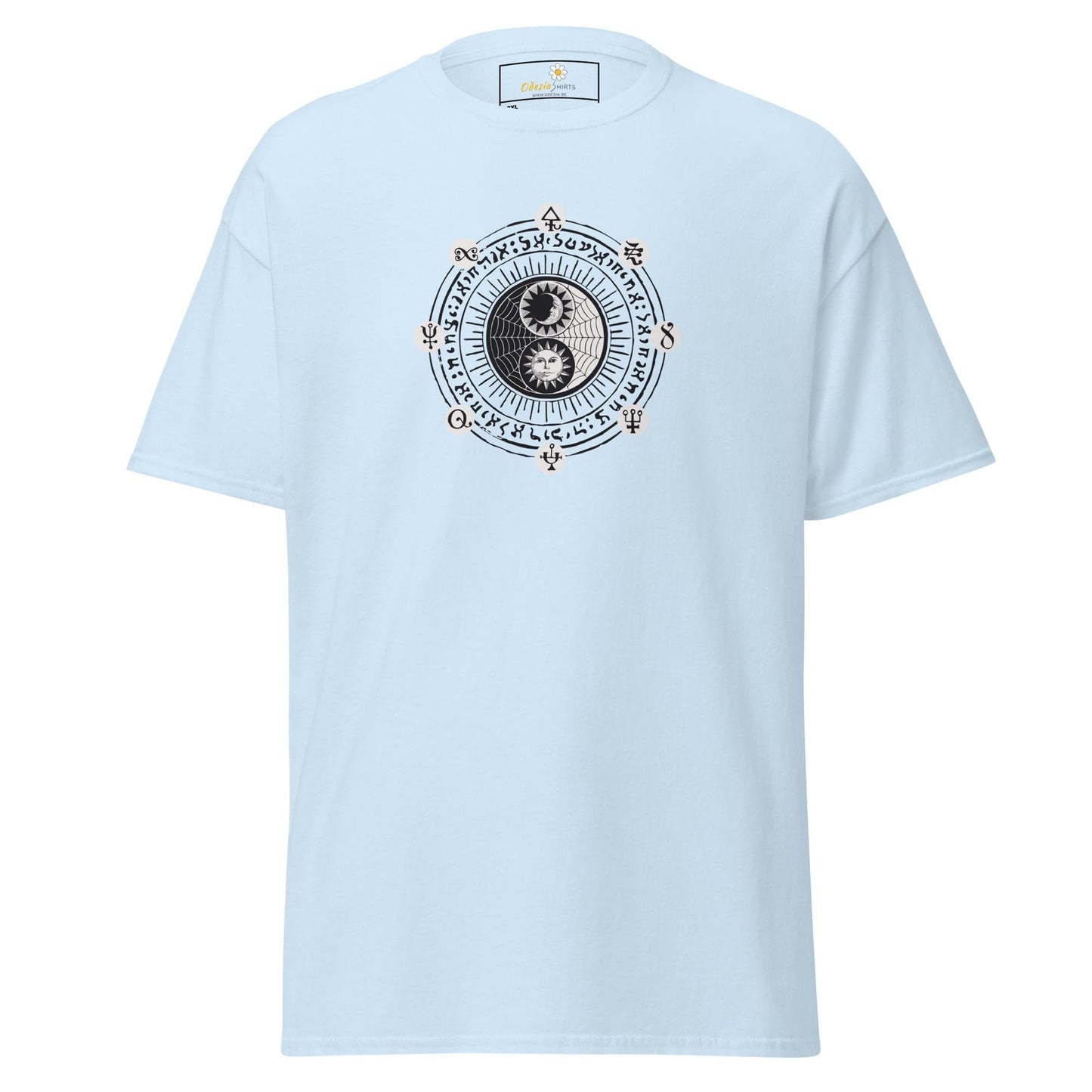 Light blue t-shirt with yin-yang design.