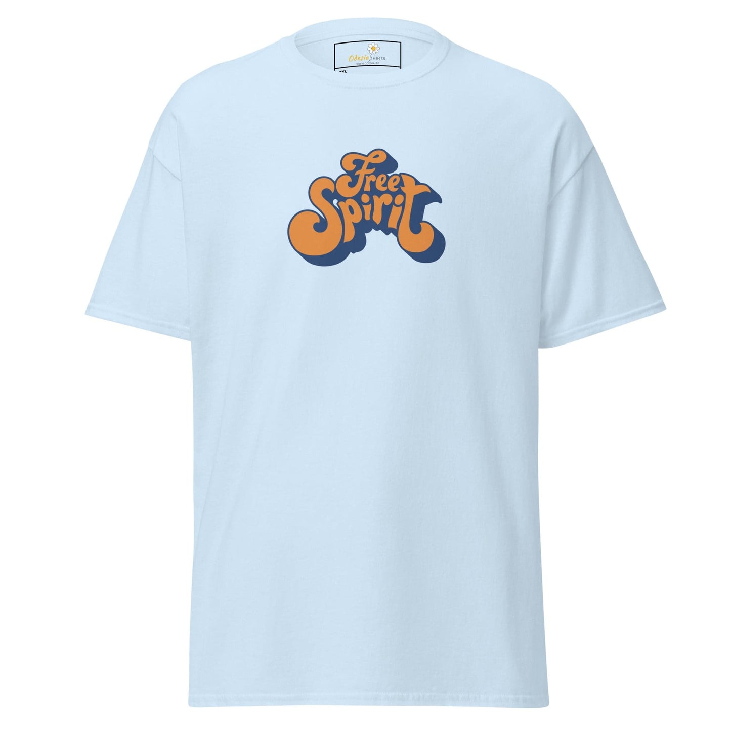 Light blue men’s and women’s T-shirt featuring Free Spirit graphic and available in 2XL to 5XL sizes