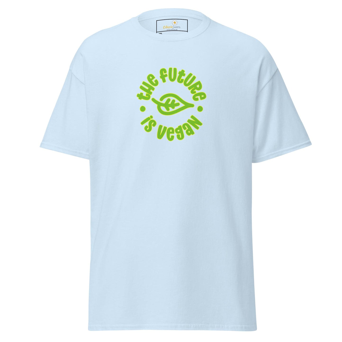 Light blue t-shirt with vegan slogan.