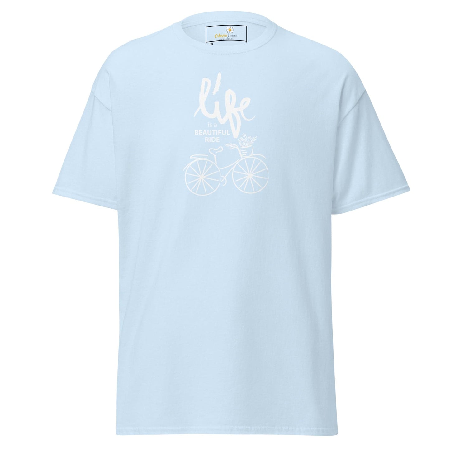 Light blue t-shirt featuring a bicycle graphic from T-SHIRT DESIGN TEE for men and women