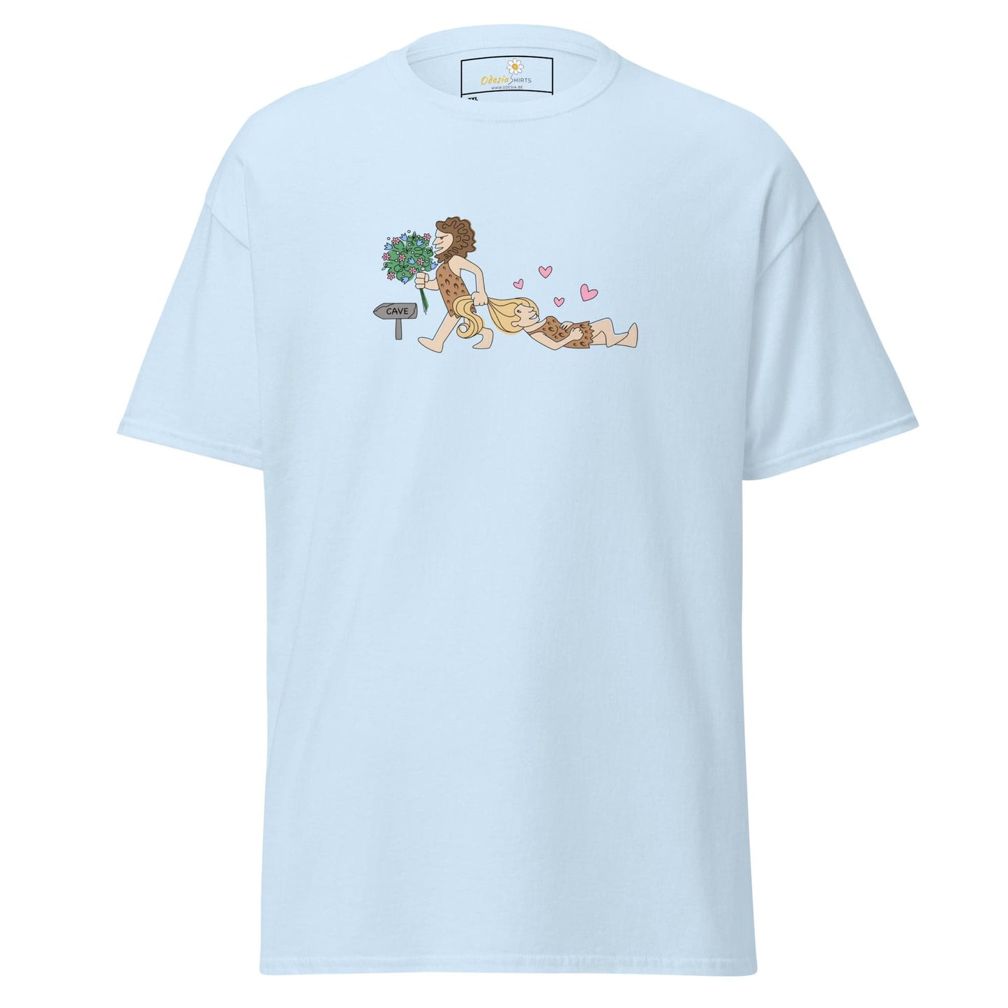 Light blue T-shirt featuring caveman graphic for men and women in 2XL to 5XL sizes