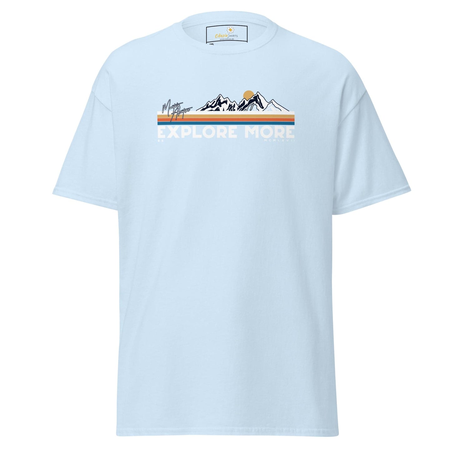 Light blue t-shirt with mountain graphic.