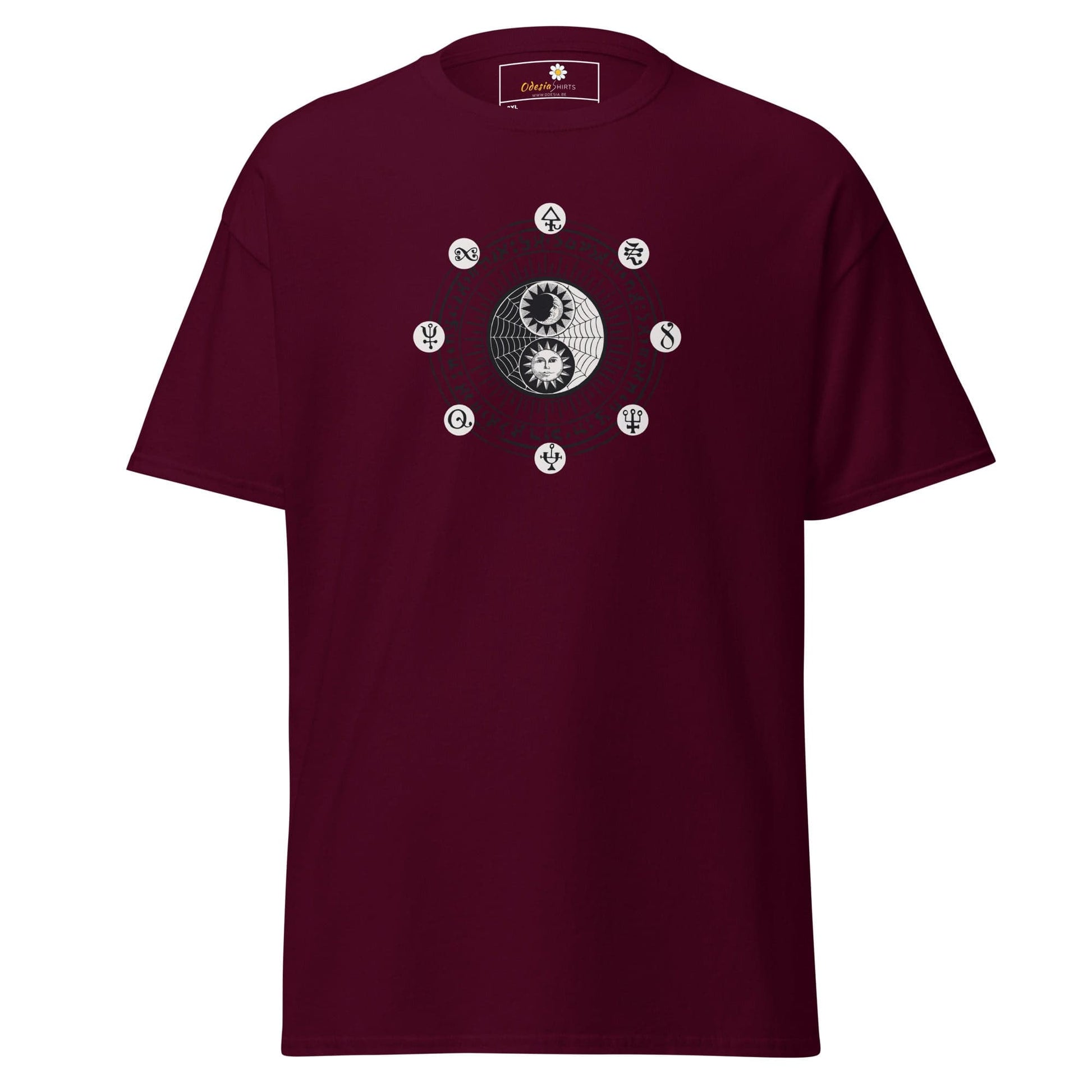 Maroon t-shirt with yin-yang design.