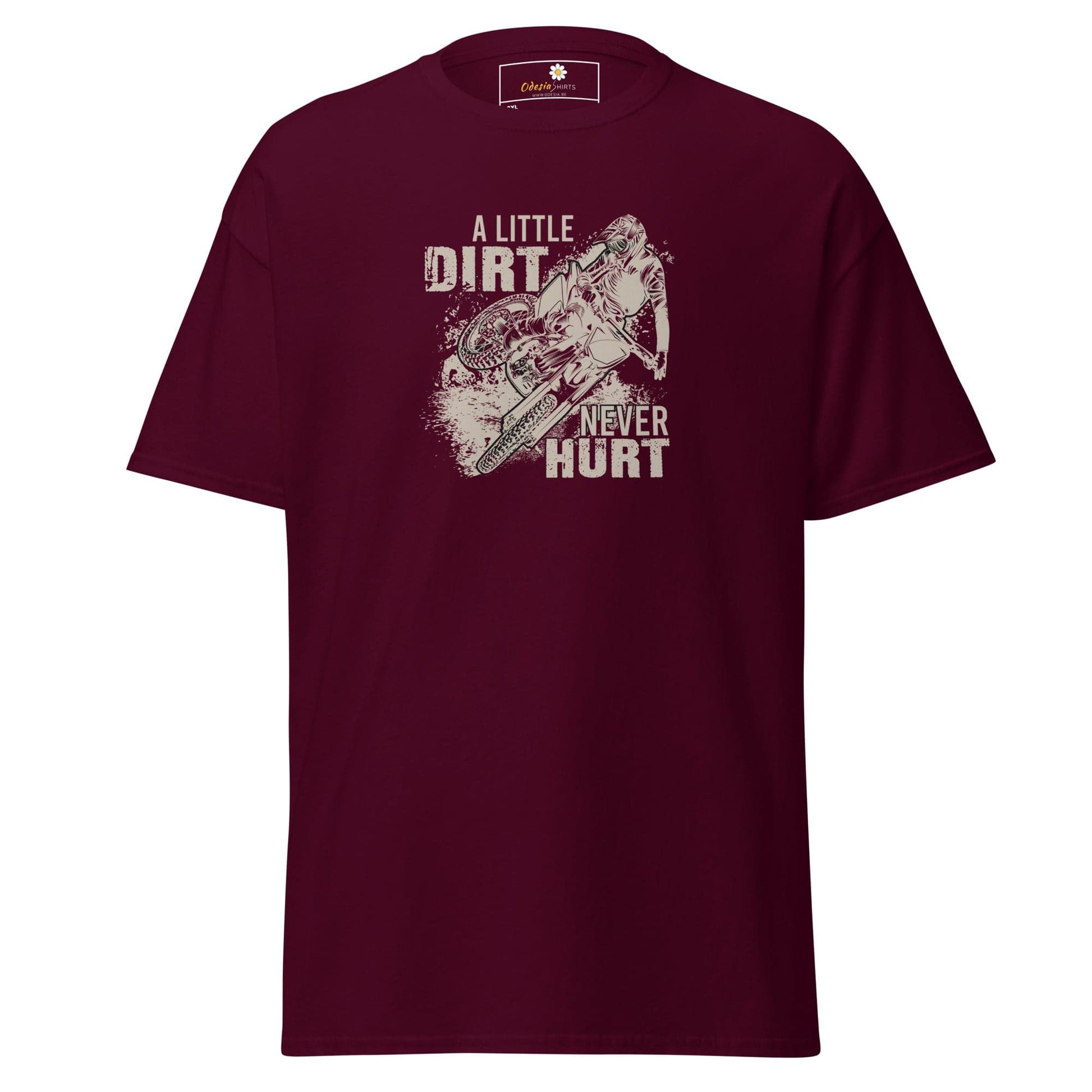 Maroon t-shirt with dirt bike graphic.
