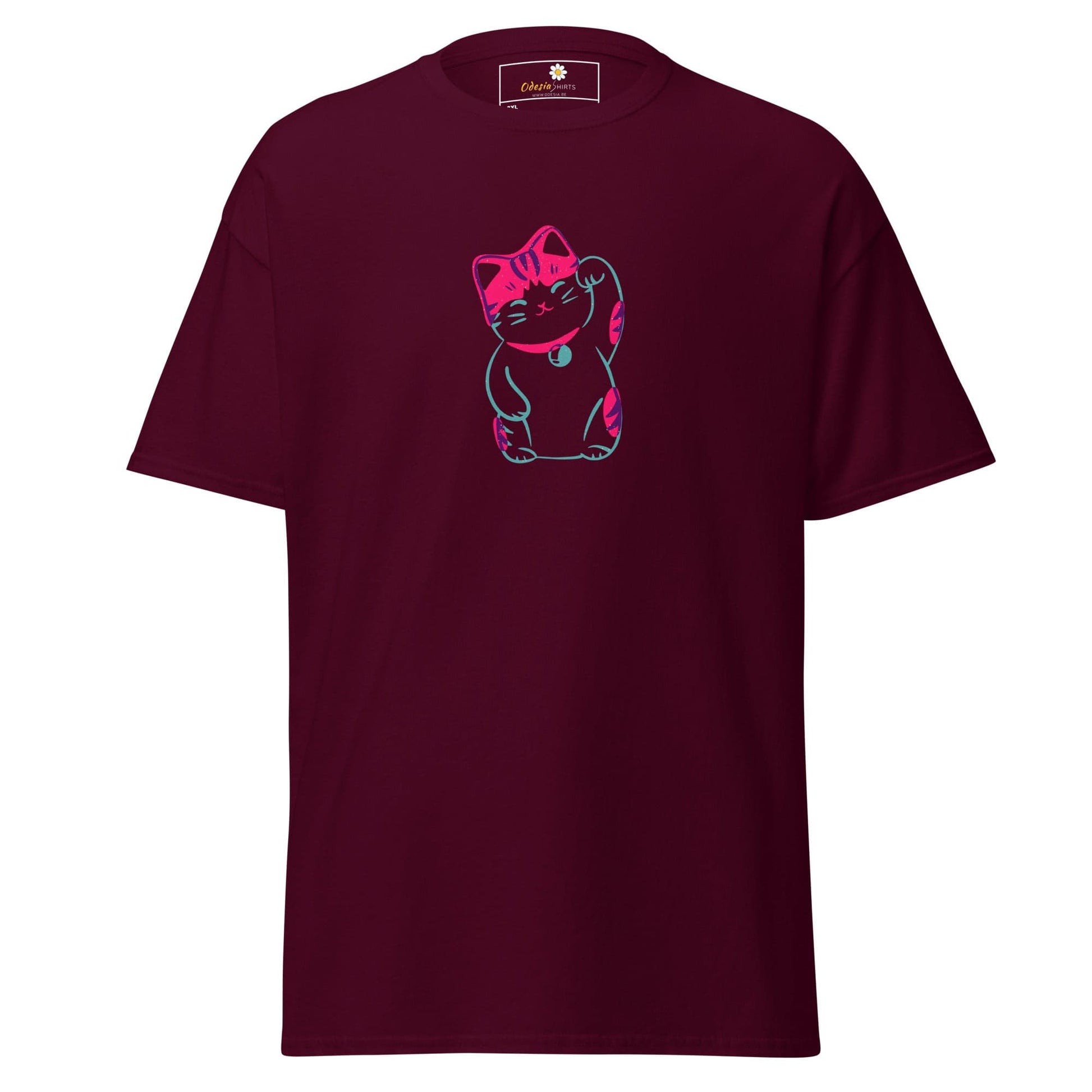 Maroon T-Shirt with pink and blue cat graphic for men and women in 2XL to 5XL sizes