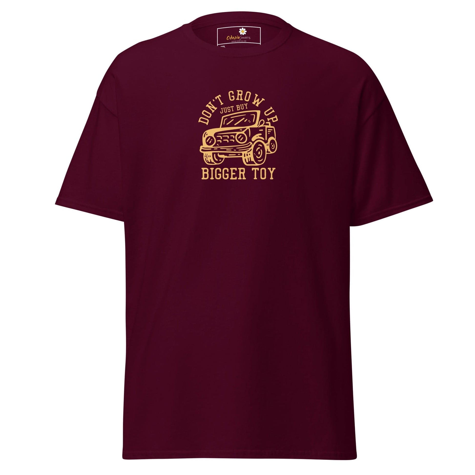 Maroon t-shirt with a toy car graphic.
