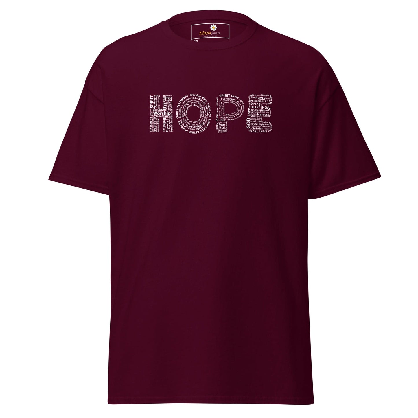 Maroon t-shirt with ’HOPE’ text.