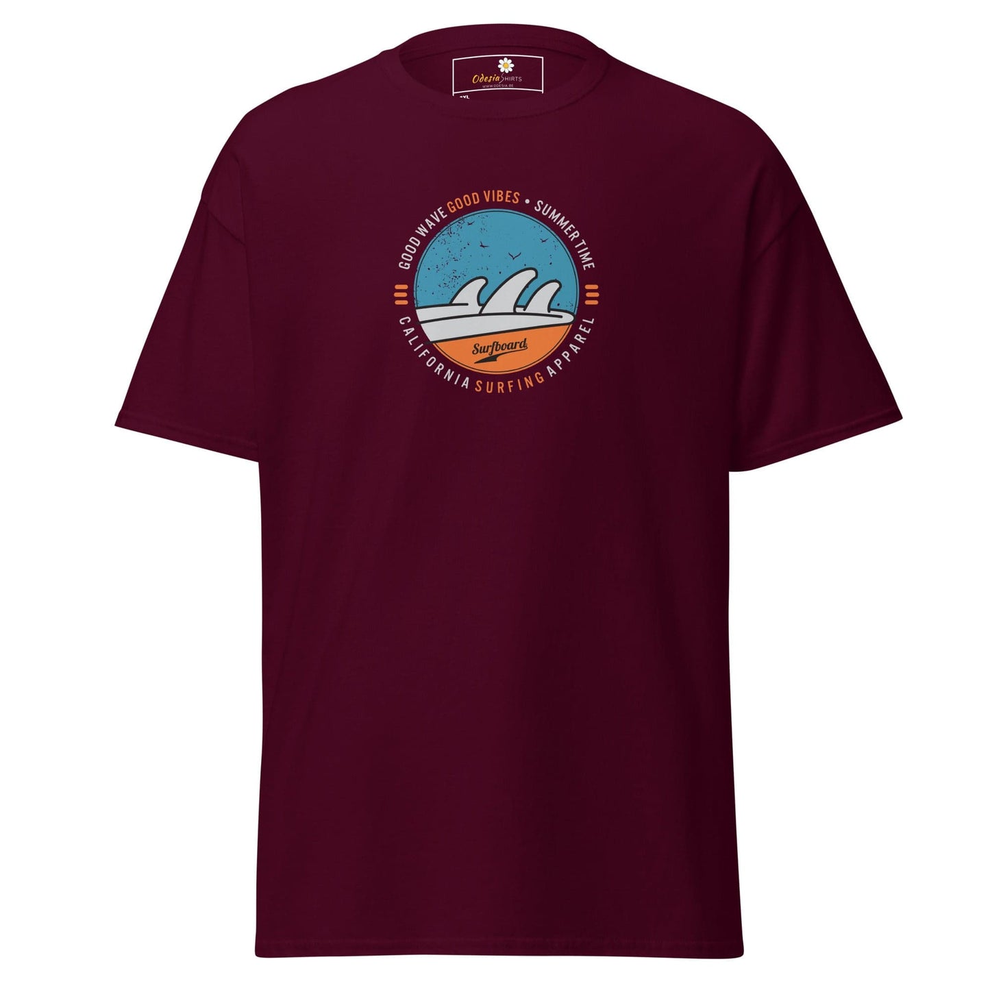 Maroon t-shirt with a circular graphic.