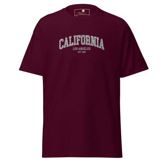 Maroon t-shirt with ’California’ and ’Los Angeles’ text.