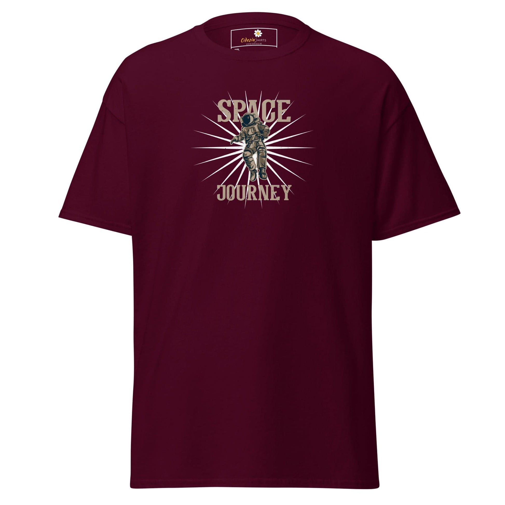 Maroon T-shirt with astronaut graphic for men and women available in 2XL to 5XL sizes